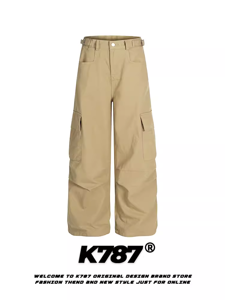 Quần âu rộng thùng thình kiểu Mỹ cổ điển K787, túi lớn, đơn giản, phong cách công sở thường ngày, unisex, đường phố, cạp cao, dáng rộng, ống thẳng