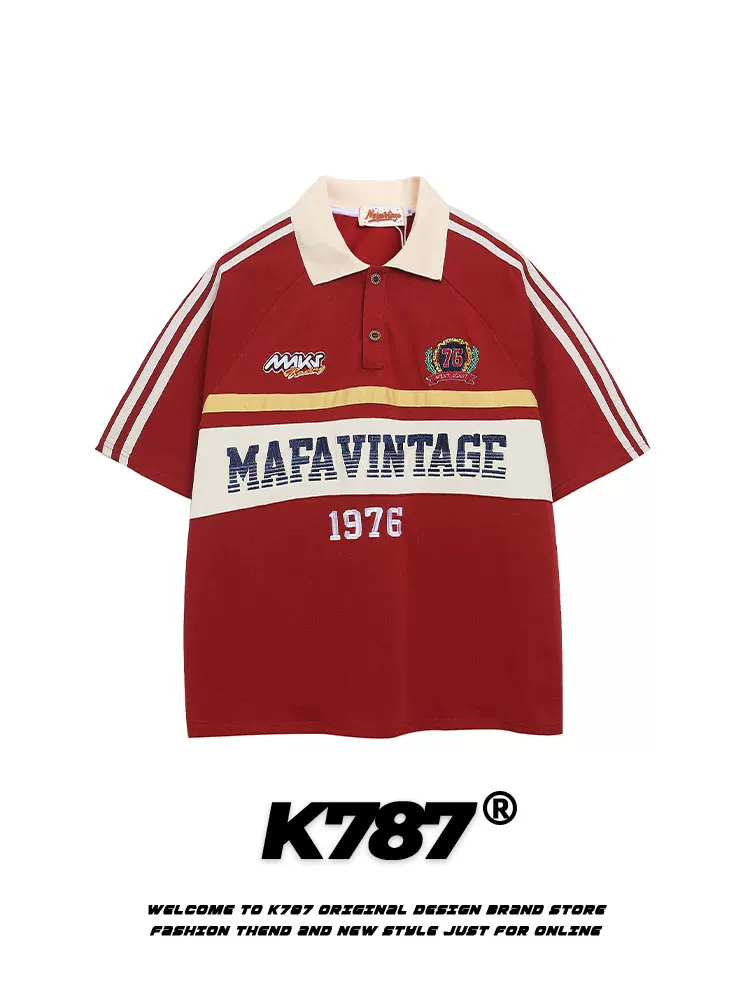 Áo thun polo unisex K787 kiểu Mỹ cổ điển, sọc, in chữ, phong cách đường phố, đa năng, thường ngày, mùa hè 2025, cổ trụ, tay ngắn