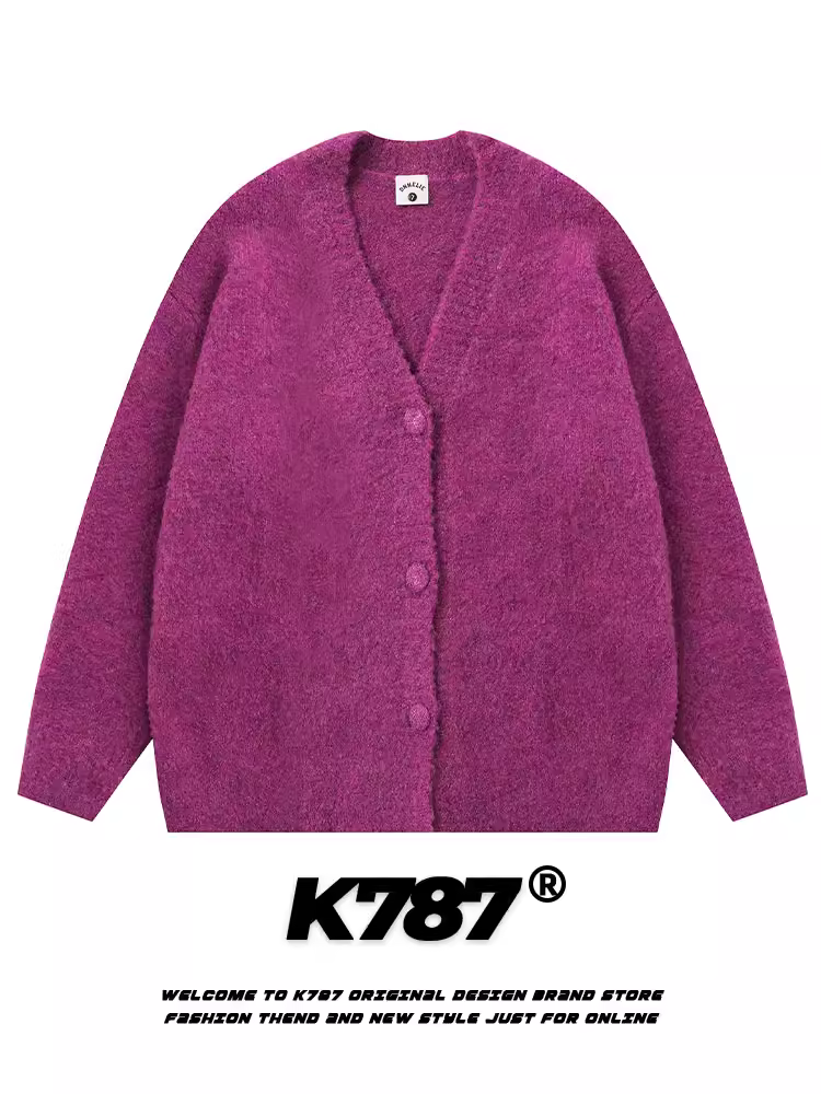 Áo cardigan dệt kim dày cổ chữ V màu tím K787 dành cho nam và nữ, áo len cặp màu trơn phong cách mùa đông thoải mái