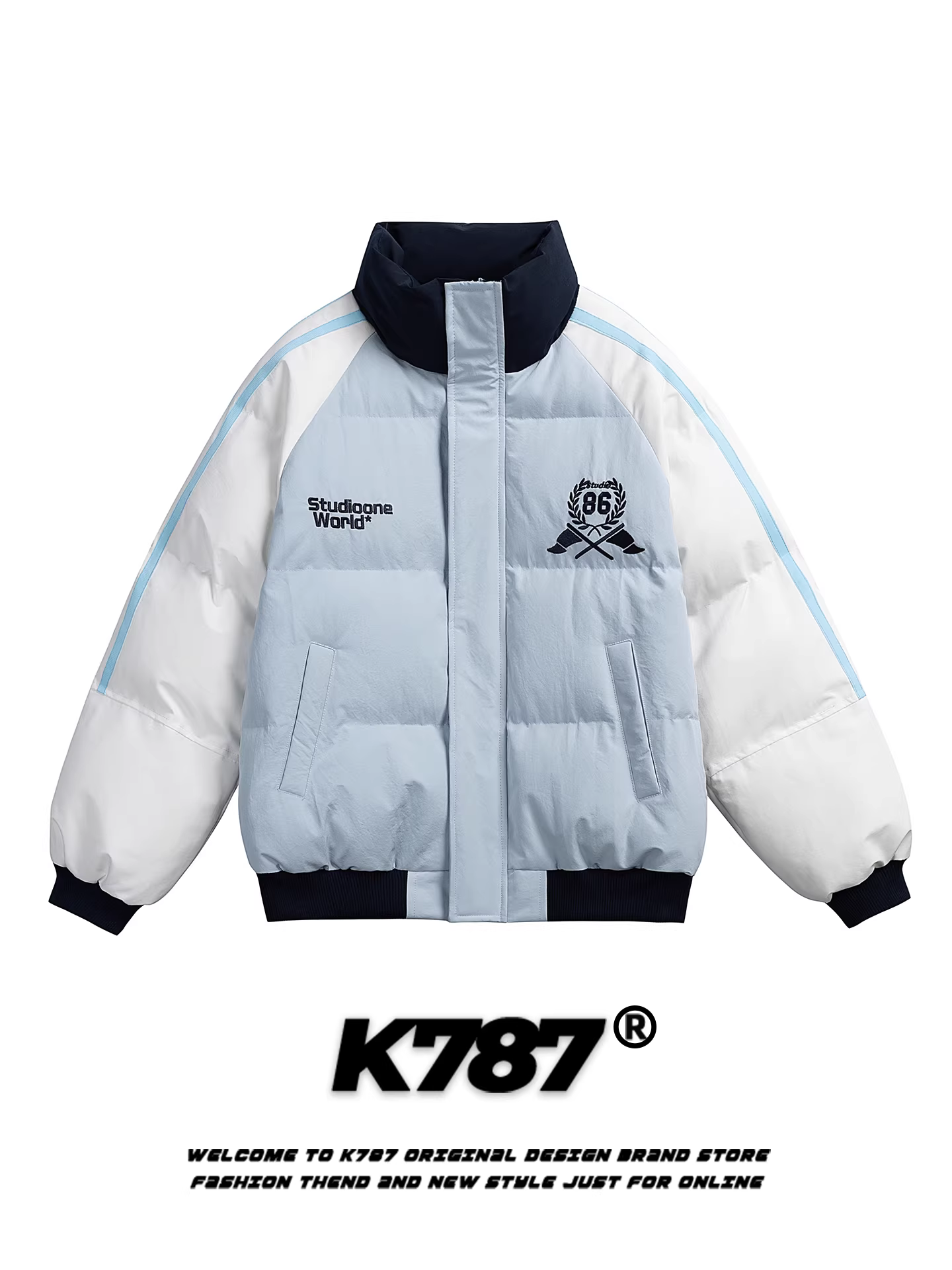 Áo khoác cotton cổ đứng phối màu thêu kỹ thuật số kiểu Mỹ cổ điển K787, unisex, phong cách năng động, ấm áp, dày dặn, mùa đông