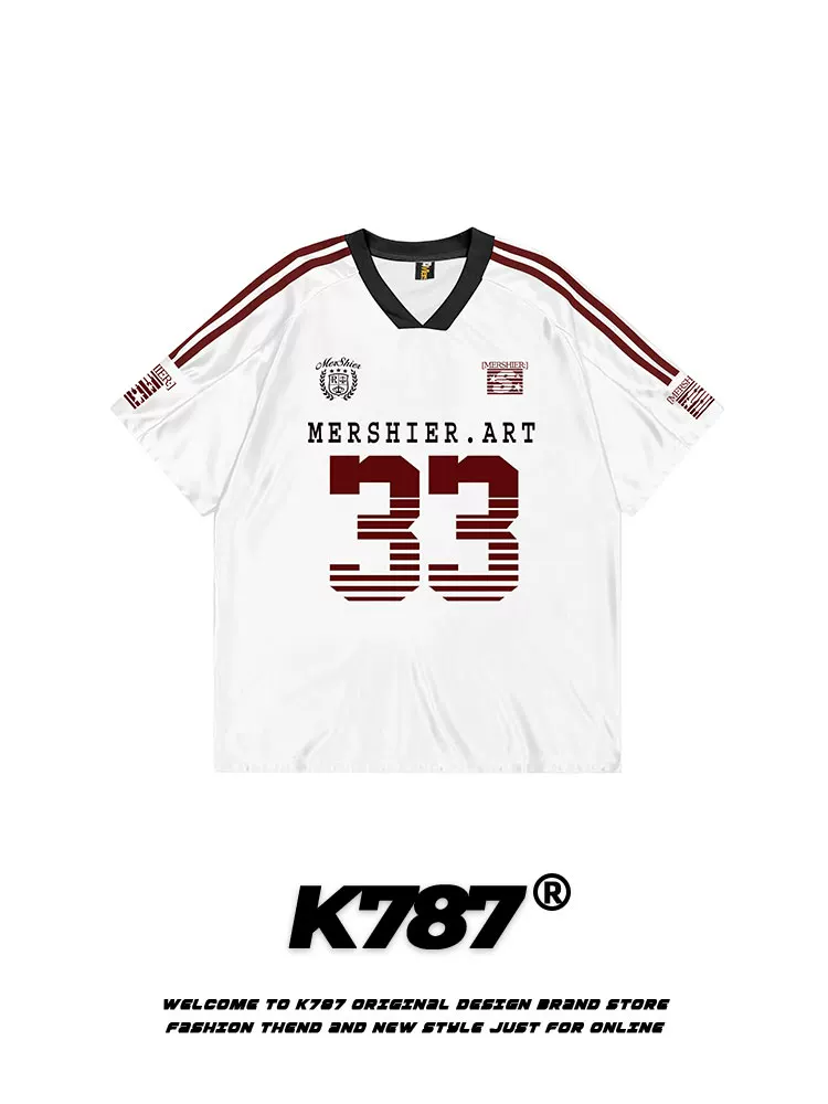 K787 Áo thun ngắn tay cổ chữ V phong cách retro quốc gia Mỹ dành cho nam và nữ blokecore chữ đau khổ jersey nửa tay