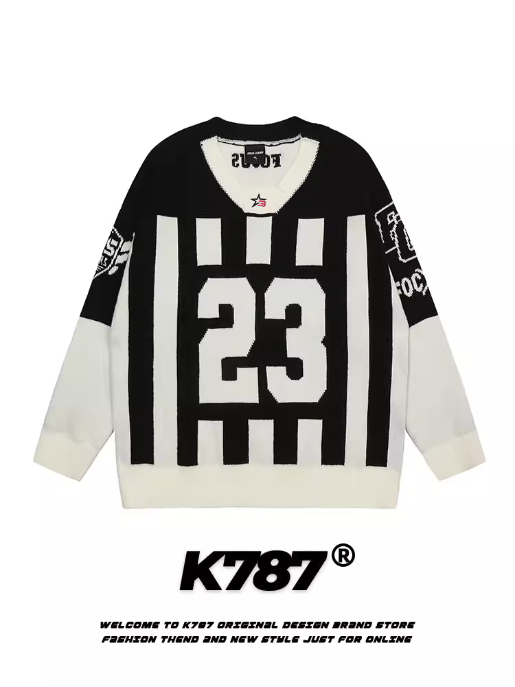 Áo len dệt kim thể thao sọc cổ điển Mỹ K787, kiểu unisex, phong cách đại học, đa năng, áo len cổ V, áo đôi