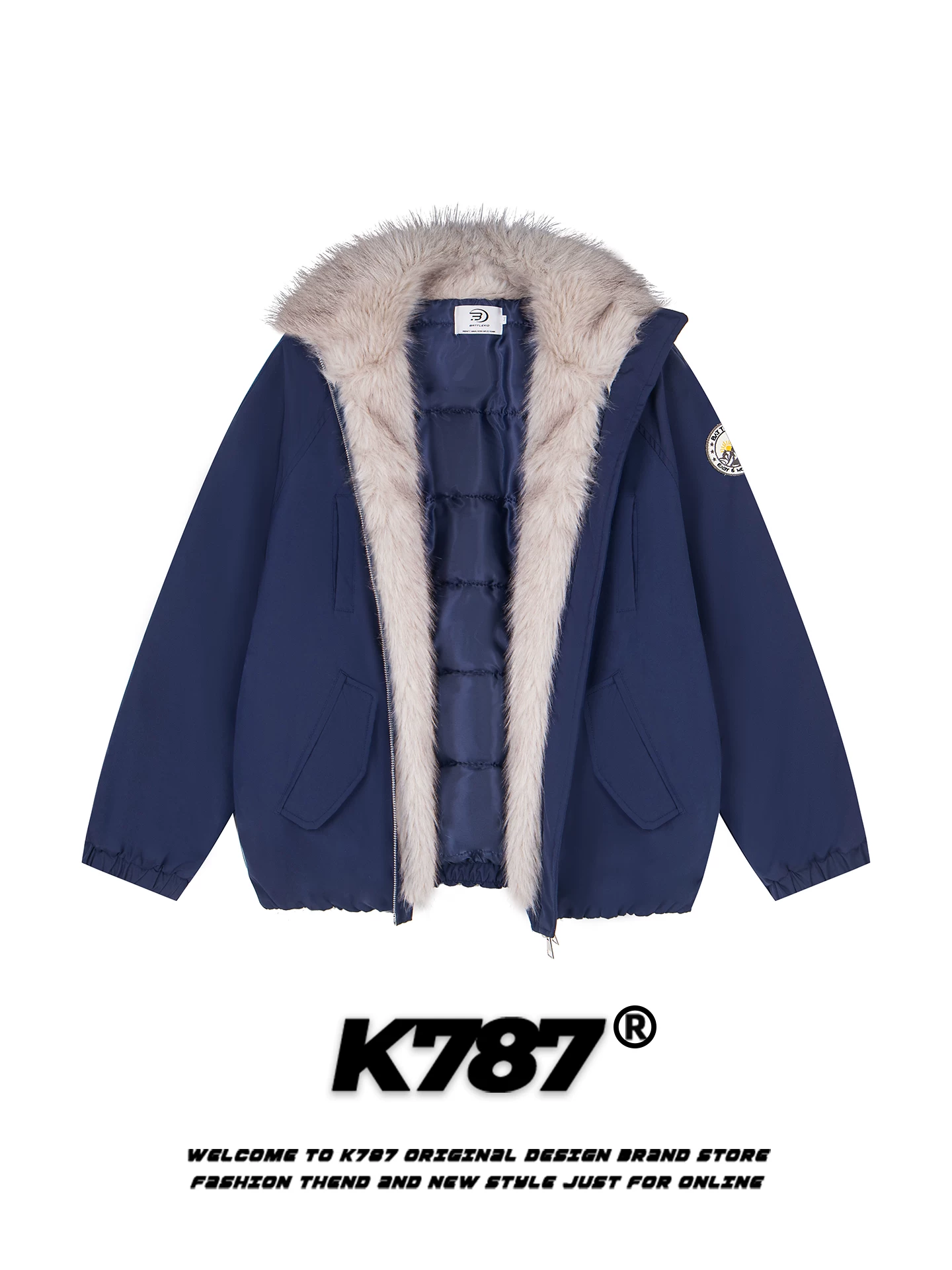 Áo khoác cotton có mũ trùm đầu, cổ lông, phong cách retro Mỹ K787 dành cho nam và nữ, dáng rộng, ấm áp và dày dặn cho mùa đông.