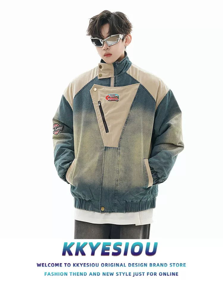 Áo khoác denim cổ đứng kiểu Mỹ cổ điển KKyesiou dành cho nam và nữ, áo khoác cotton dày dặn sành điệu.