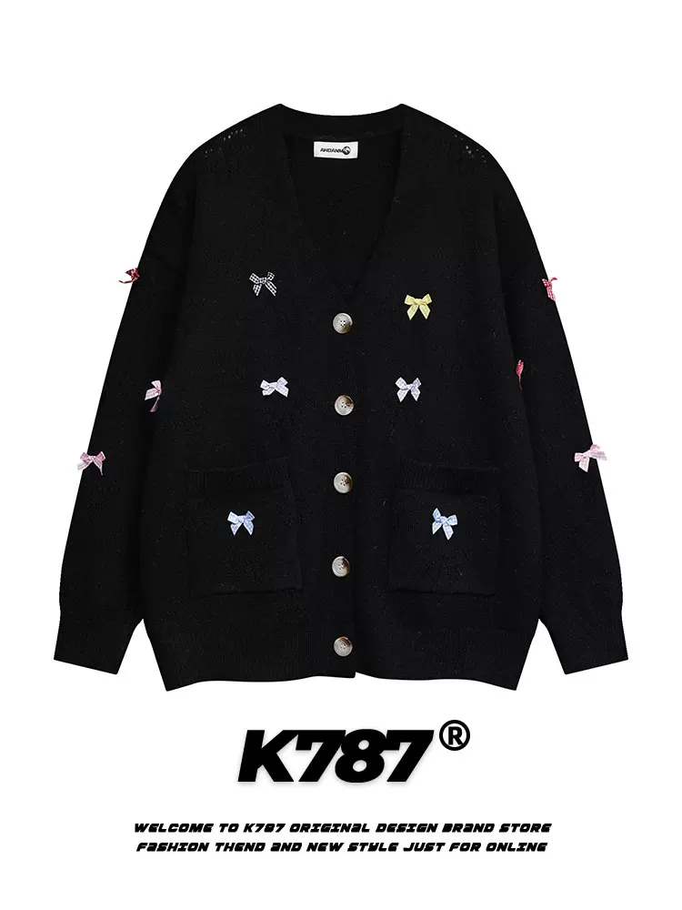 Áo cardigan dệt kim thêu nơ kiểu Mỹ cổ điển K787 dành cho nam và nữ, phong cách preppy mùa đông, áo khoác cặp đôi