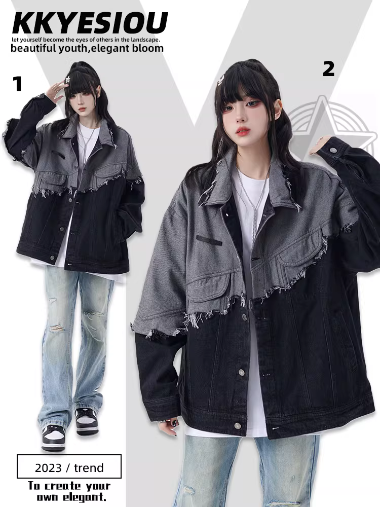 Áo khoác denim phối màu theo phong cách Mỹ của KKyesiou dành cho nam và nữ, áo khoác cặp đôi dáng rộng tua rua cổ điển