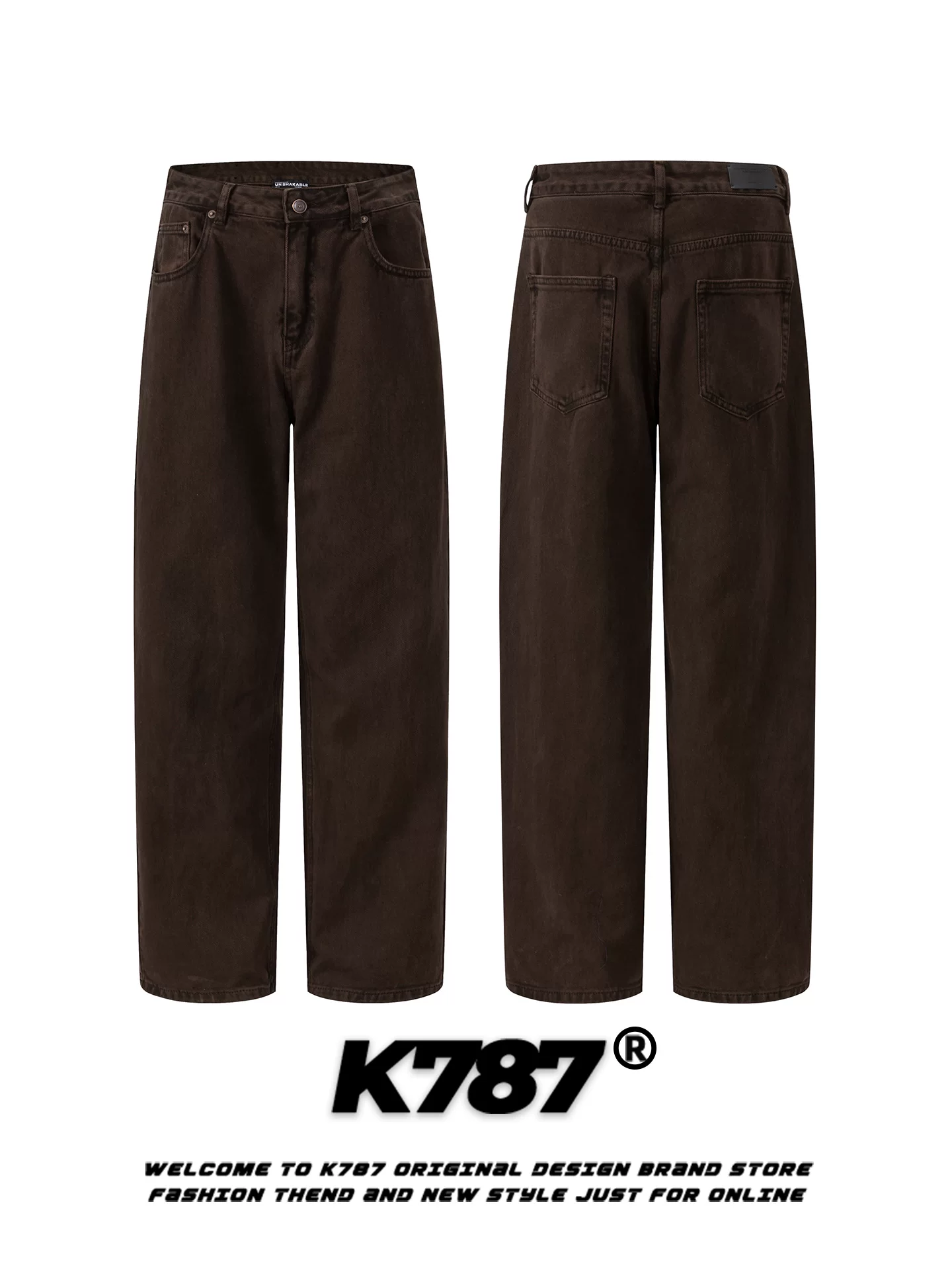Quần jeans K787 kiểu đường phố Mỹ, màu nâu gỉ, xước, dành cho nam và nữ, thiết kế màu trơn, cạp cao, dáng thẳng, phong cách thường ngày