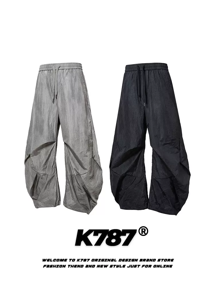 Quần âu nam kiểu dáng túi giấy xếp ly cong phong cách retro Mỹ K787, quần ống rộng dáng suông dây rút phong cách đường phố