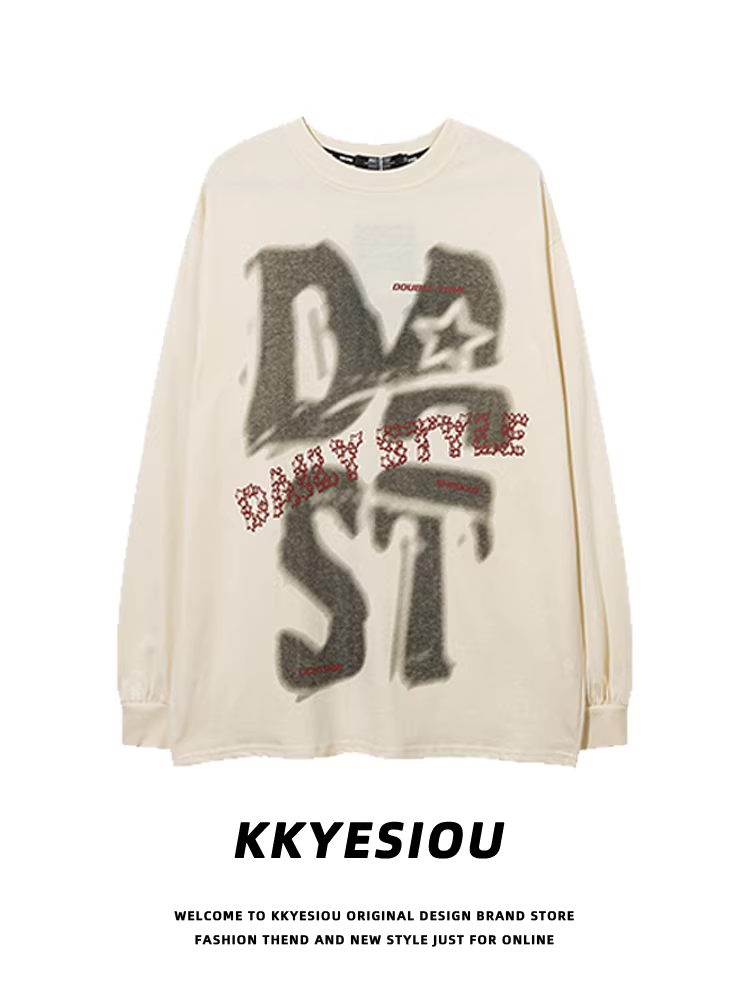 Áo thun cặp đôi thiết kế graffiti chữ cái retro Mỹ KKyesiou, chất liệu mỏng, dáng rộng, tay dài, dành cho nam và nữ