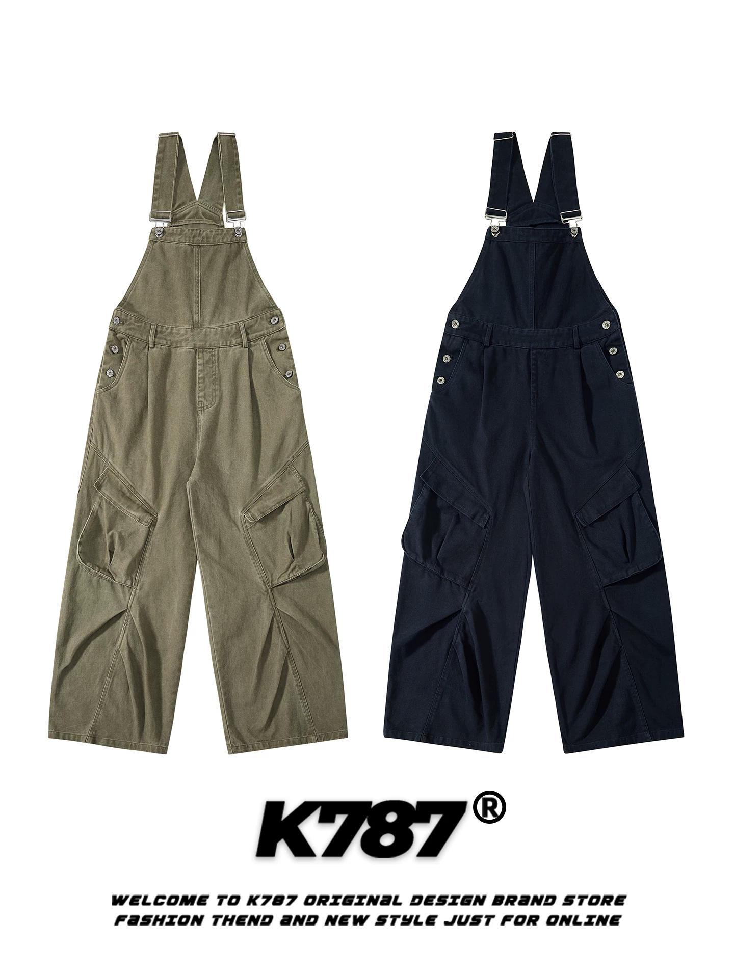 Quần yếm cargo nhiều túi kiểu Mỹ cổ điển K787, unisex, dáng rộng, chất liệu mềm mại, tôn dáng, ống thẳng, ống rộng
