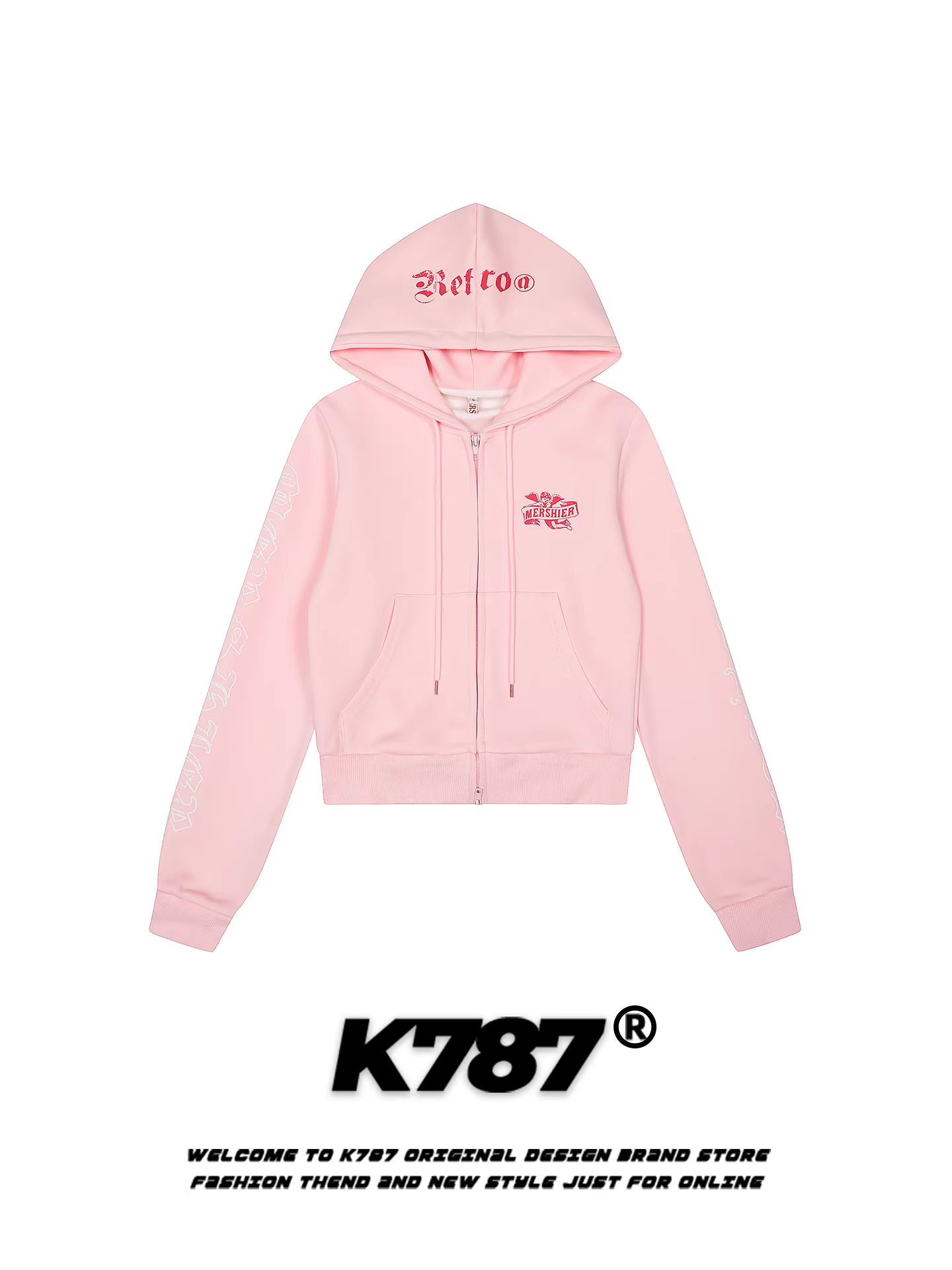 Áo hoodie in chữ phong cách Mỹ K787 dành cho nữ, áo khoác cardigan ngắn màu hồng ngọt ngào và mát mẻ có khóa kéo