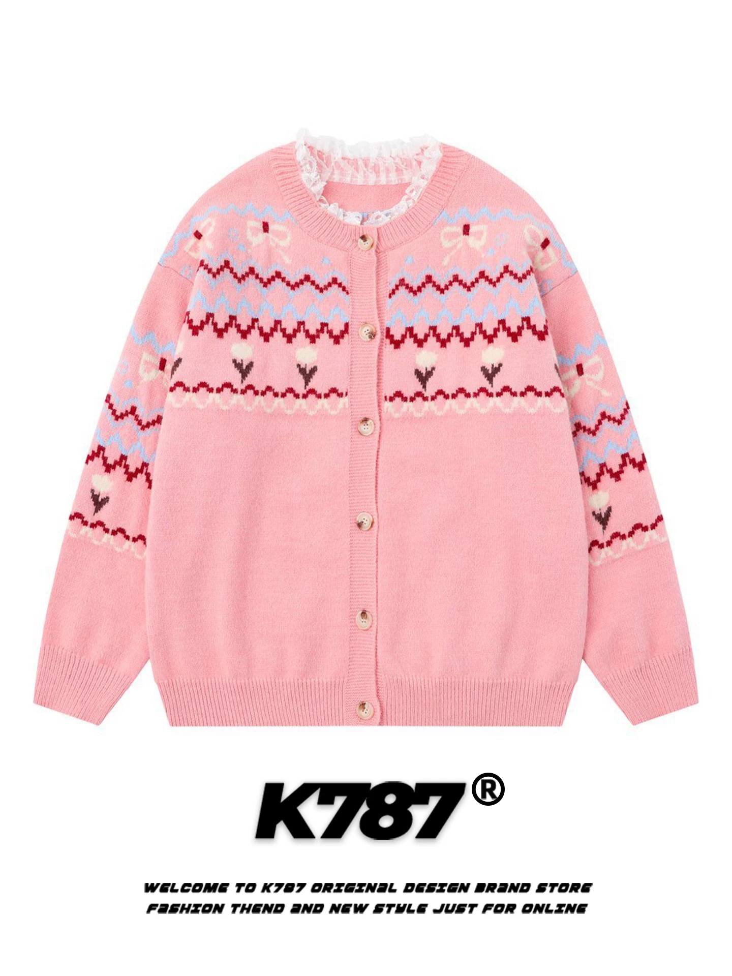 Áo len cardigan jacquard kiểu Mỹ cổ điển K787 dành cho nam và nữ, phối ren rộng rãi, kiểu dáng giản dị màu hồng