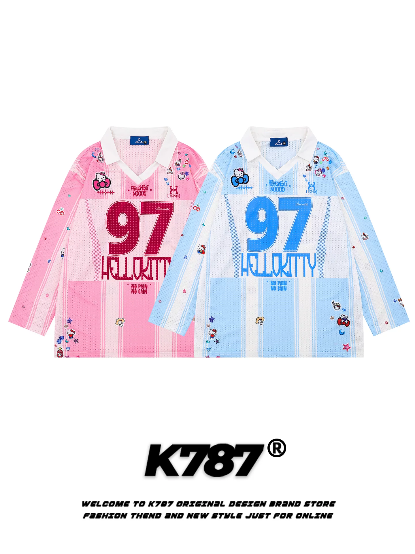 Áo thun dài tay in hình mèo Kitty hoạt hình đường phố Mỹ K787 dành cho nam và nữ, áo thể thao in kỹ thuật số, áo polo