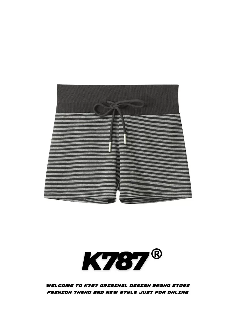 Quần short nữ K787 kiểu Mỹ cổ điển, sọc, dây rút, lưng rộng, phong cách thường ngày, quần thể thao ôm sát, dáng thẳng, tôn dáng, thích hợp cho mùa hè