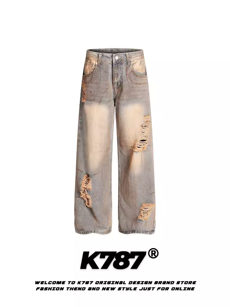 Quần jeans K787 kiểu Mỹ cổ điển, xước rách, unisex, phong cách hip-hop, dáng rộng, ống thẳng, mặc thường ngày