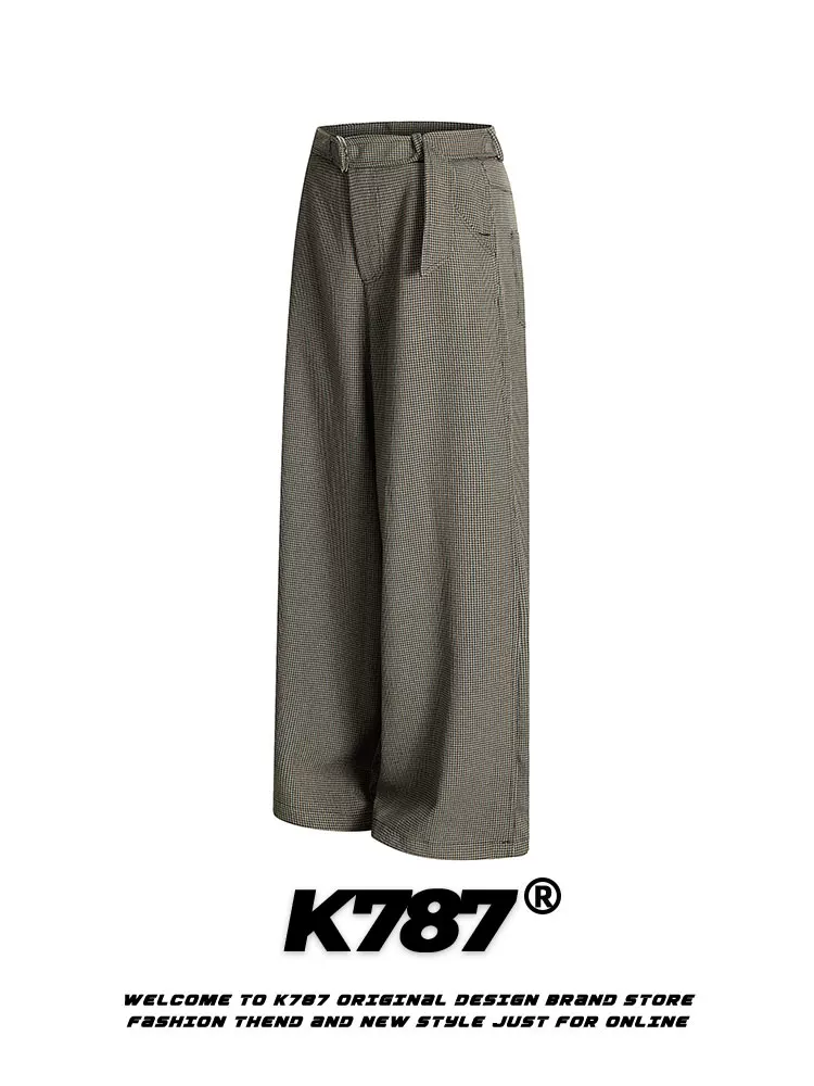 Quần âu unisex kiểu dáng xu hướng, cạp cao, rộng thùng thình, ống thẳng, họa tiết caro houndstooth phối vải, phong cách retro Mỹ, mã K787