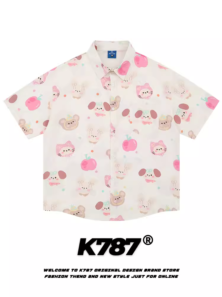 Áo thun ngắn tay in hình mèo chó phong cách retro Mỹ K787 dành cho nam và nữ, phong cách đại học đa năng, áo đôi mùa hè 2025