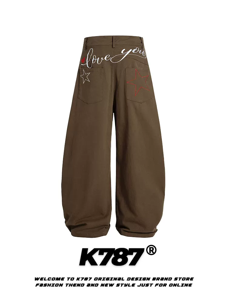 Quần âu thêu chữ kiểu Mỹ cổ điển K787, dáng rộng, cạp cao, dài chấm đất, unisex, chất liệu kaki, kiểu dáng thẳng, phong cách thường ngày