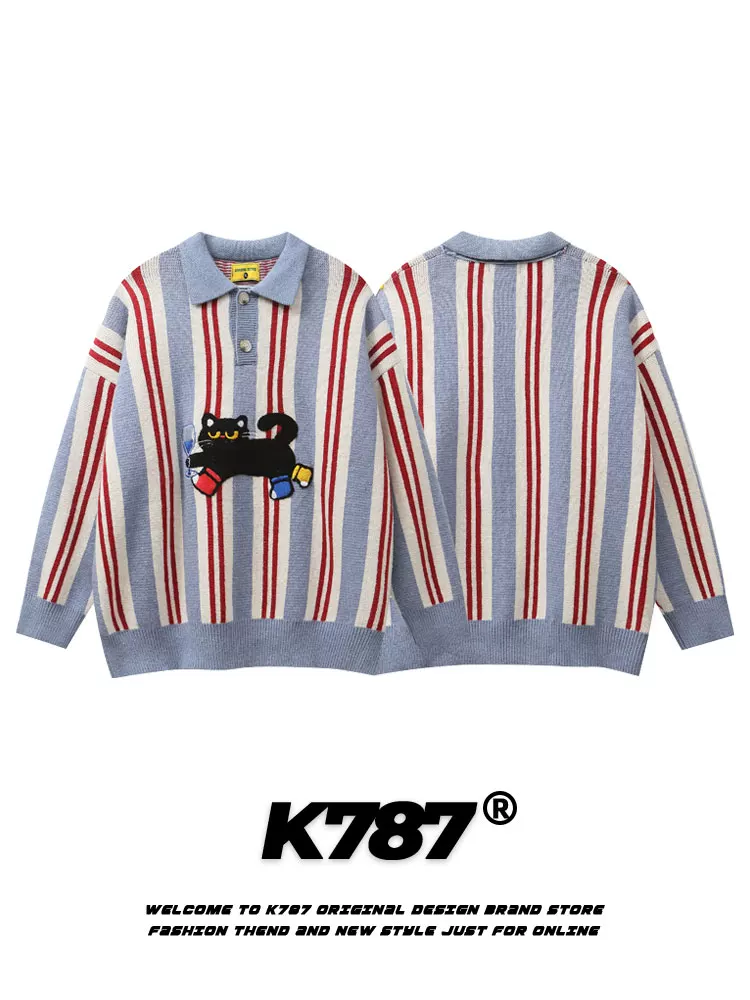 Áo len dệt kim thêu mèo sọc cổ điển kiểu Trung Quốc K787, unisex, đa năng, kiểu dáng đường phố, cổ POLO