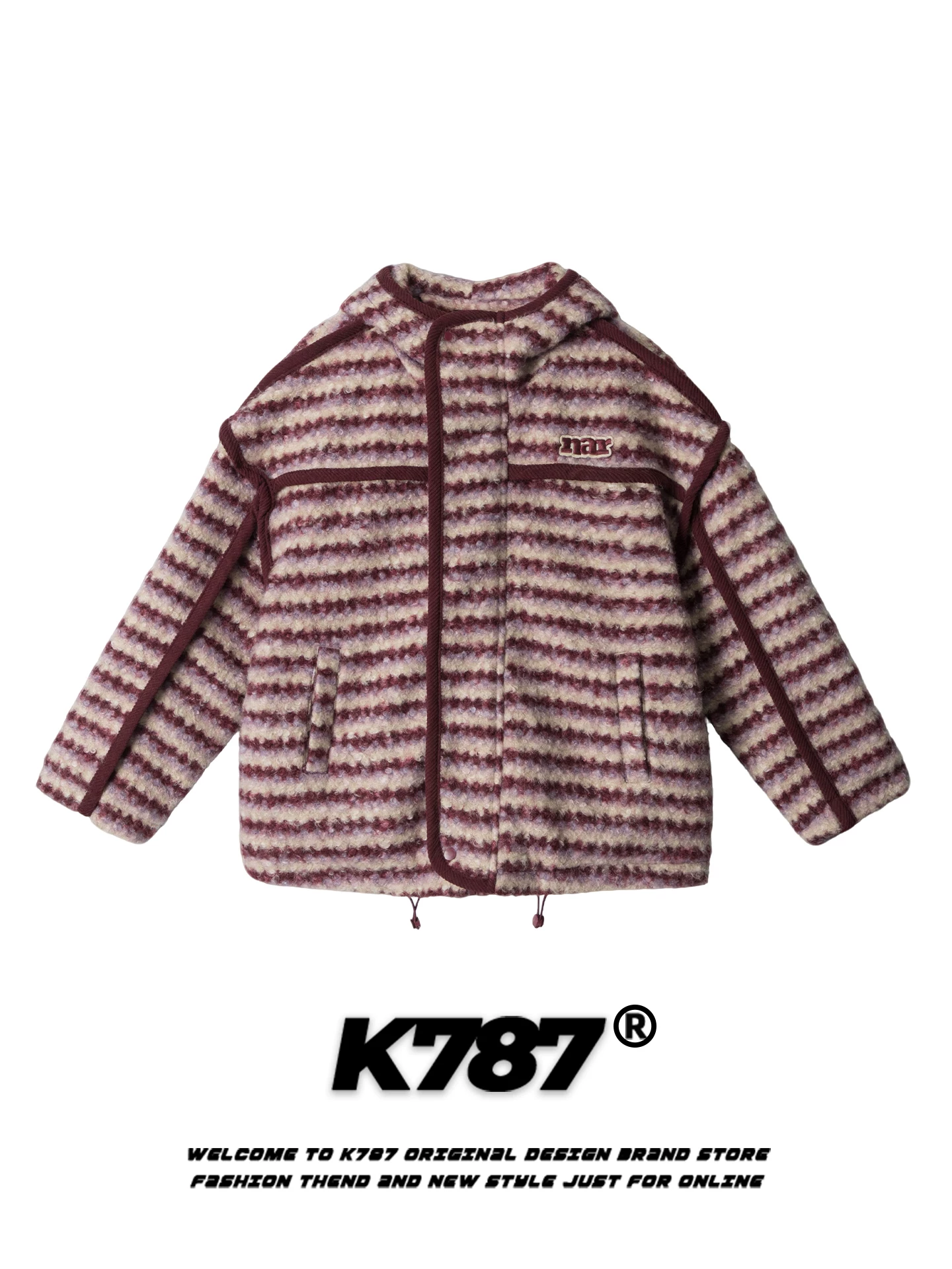 Áo khoác cotton có mũ trùm đầu bằng len cừu sọc cổ điển kiểu Mỹ K787 dành cho nam và nữ, áo khoác cotton kiểu dáng giản dị, ấm áp, phong cách lười biếng dành cho cặp đôi.