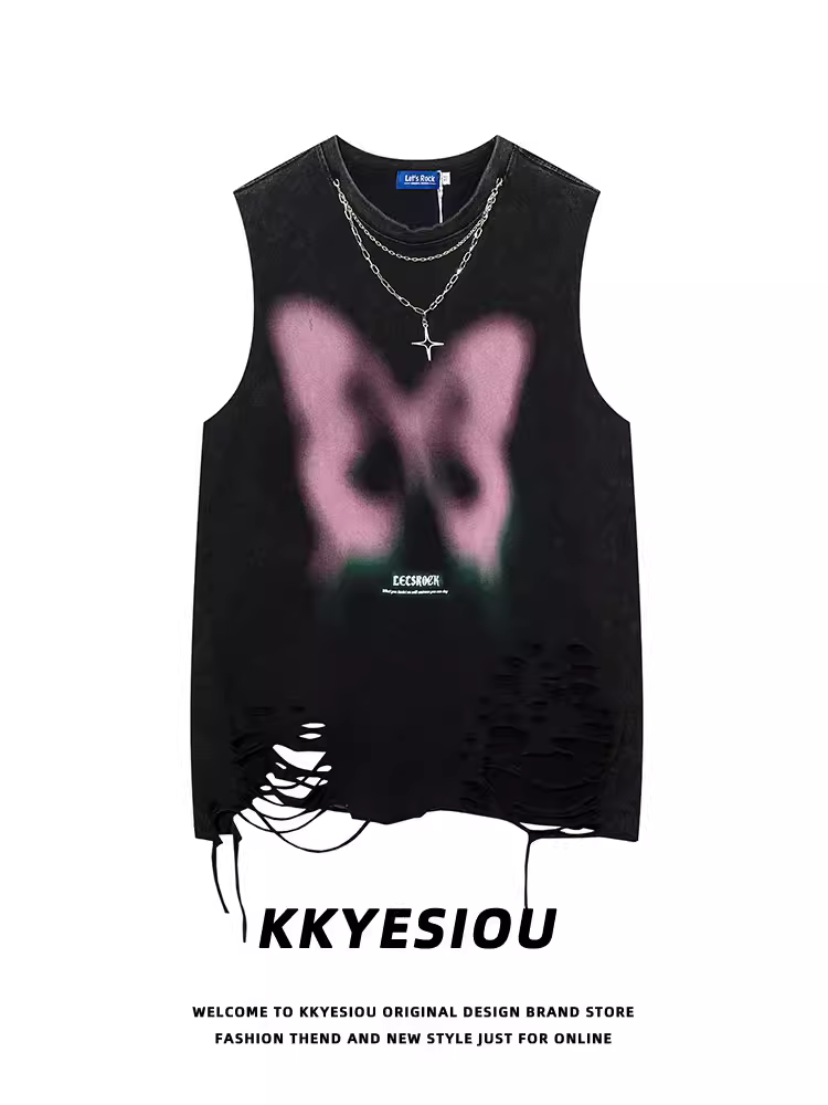 Áo vest nữ thiết kế kiểu KKyesiou năng động, phối màu bướm, phối màu chặn màu, kèm dây chuyền, áo thun cặp đôi phong cách Mỹ, kiểu rách cá tính