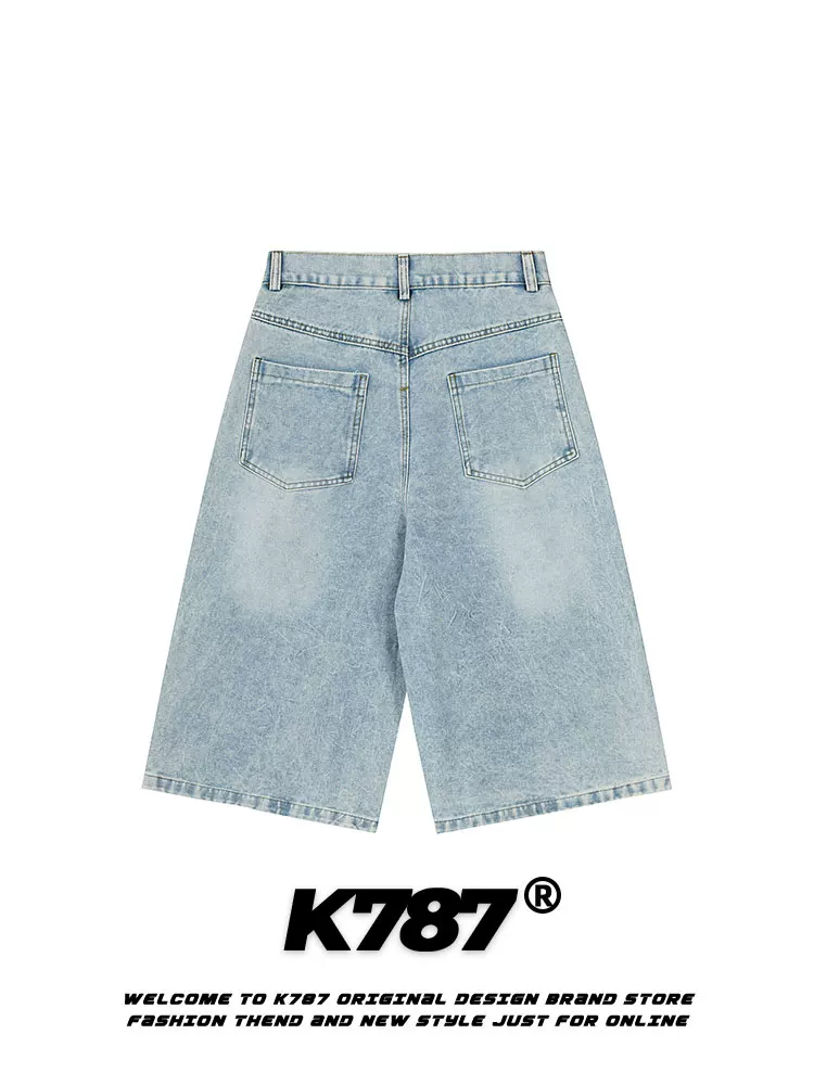 Quần short denim kiểu Mỹ K787 với họa tiết graffiti vui nhộn, phong cách đường phố unisex, quần ống rộng đa năng, kiểu dáng ôm dáng, quần lửng