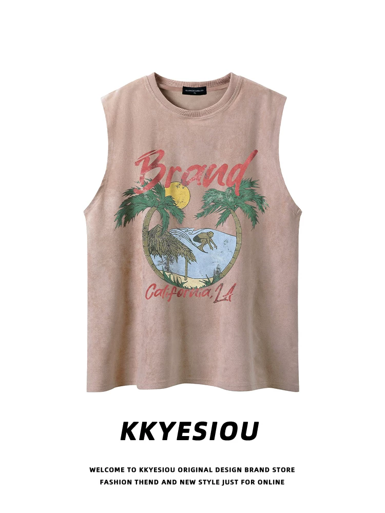 Áo vest in họa tiết phong cách retro Mỹ KKyesiou, chất liệu da lộn, unisex, thời trang, thương hiệu nổi tiếng, áo thun cặp đôi.