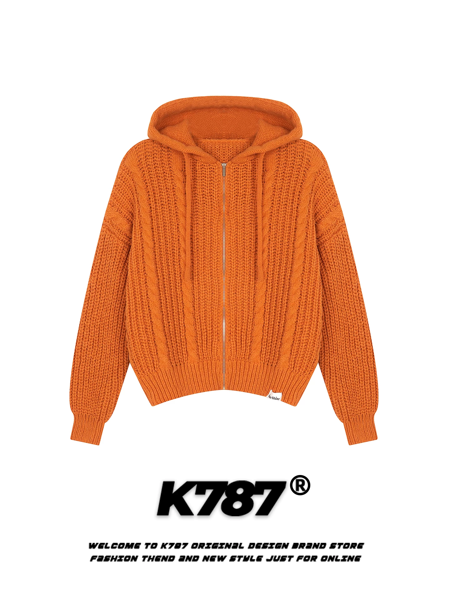Áo khoác cardigan len dệt kim kiểu Mỹ K787, dáng rộng, có mũ, dành cho nam và nữ, màu cam hoàng hôn, áo khoác len cặp đôi màu cam, phong cách thường ngày