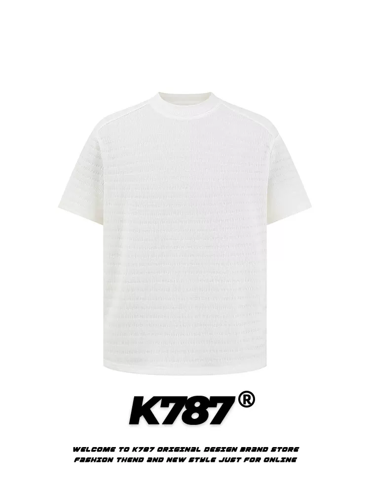K787 Áo thun ngắn tay cleanfit họa tiết tối giản theo phong cách retro của Mỹ dành cho nam và nữ với áo trễ vai thường xuyên có họa tiết sọc jacquard rỗng