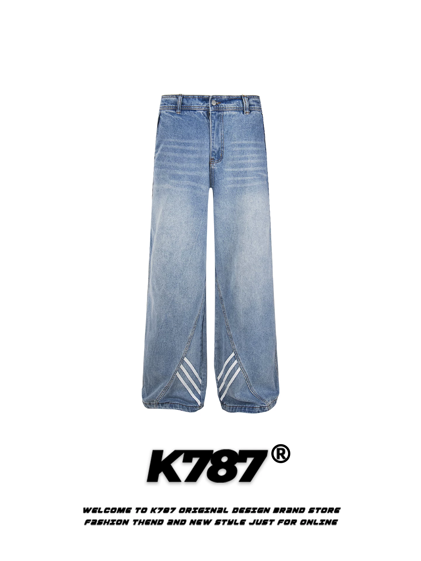 Quần jeans unisex K787 kiểu Mỹ cổ điển, xước, phối vải, kiểu dáng rộng, dài chấm đất, chất liệu vải dù sọc, phong cách casual.