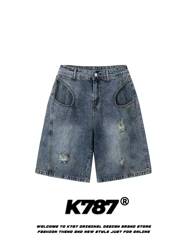 Quần short denim rộng ống, kiểu Mỹ cổ điển, xước nhẹ, unisex, dài đến đầu gối, đa năng, cạp cao, dáng thẳng, phong cách thường ngày