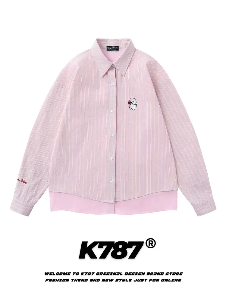 Áo khoác mỏng kiểu dáng unisex K787 phong cách retro Mỹ, phối màu hồng, họa tiết sọc giả hai lớp, tay dài, mùa xuân 2025