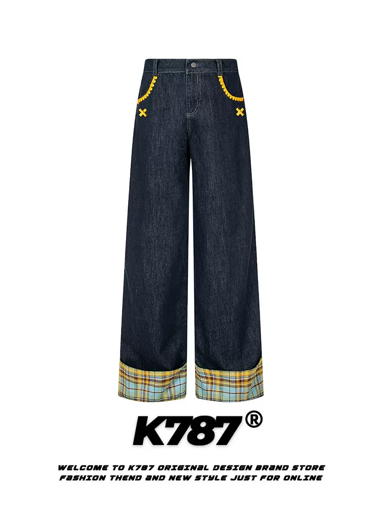 Quần jeans unisex dáng thẳng lưng cao, họa tiết caro thêu retro kiểu Mỹ, phối vải chắp vá, phong cách casual, size lớn K787