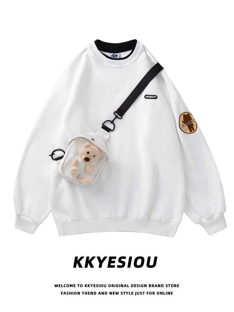 Ba lô hình gấu phong cách KKyesiou dopamine, áo sweatshirt cặp đôi phong cách đại học, áo nỉ unisex rộng rãi