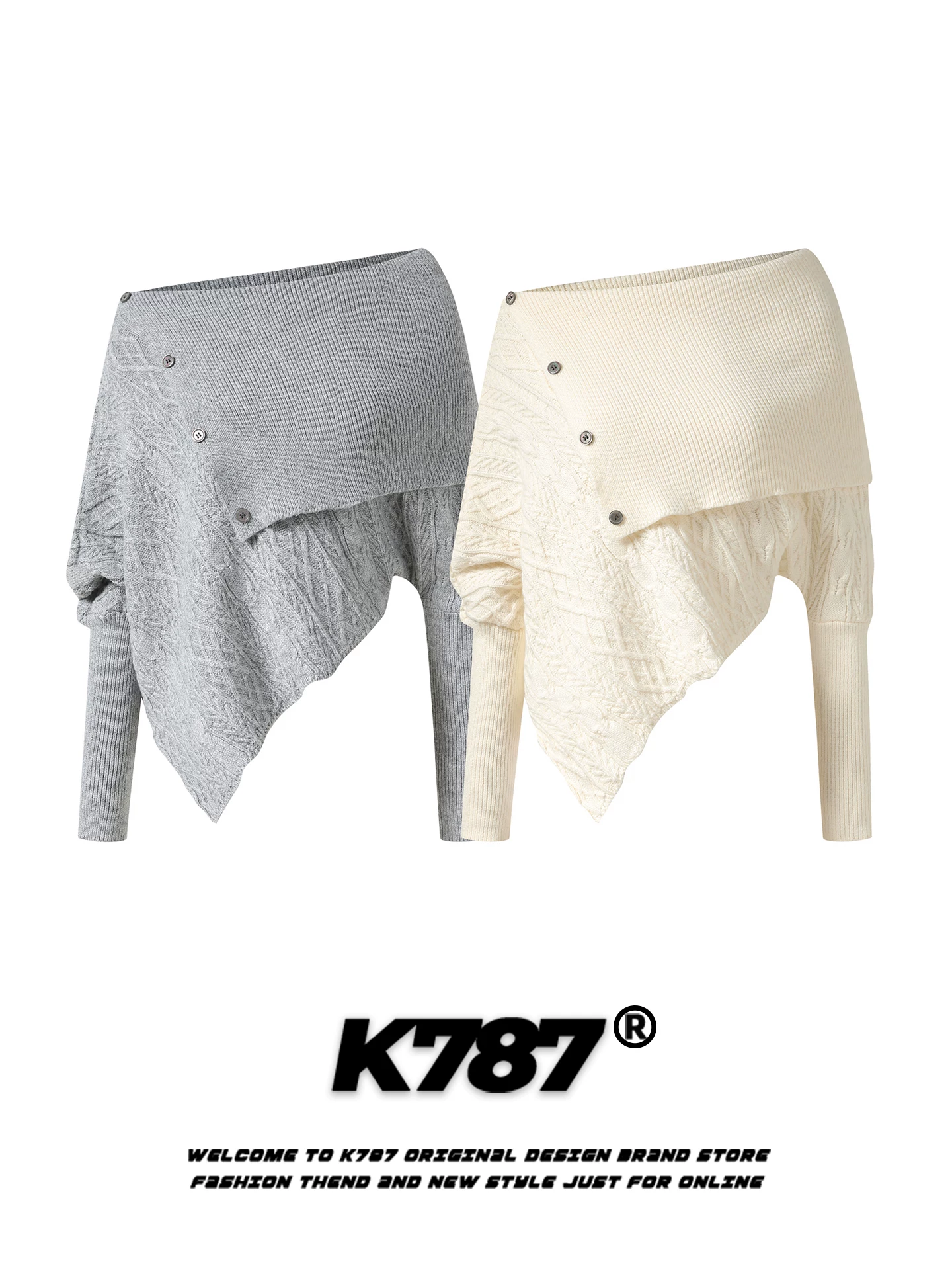 Áo len nữ kiểu Mỹ cổ điển K787, thiết kế lệch vai, dáng bất quy tắc, phong cách cá tính, ngọt ngào và quyến rũ.
