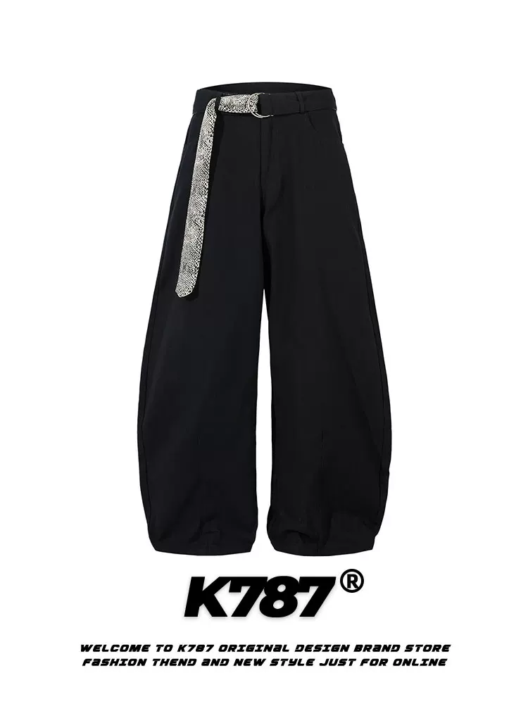 Quần Âu Unisex dáng rộng, chất liệu vải bố phối ren họa tiết da báo kiểu retro Mỹ, cạp chun, ống thẳng, phong cách đường phố, mã K787
