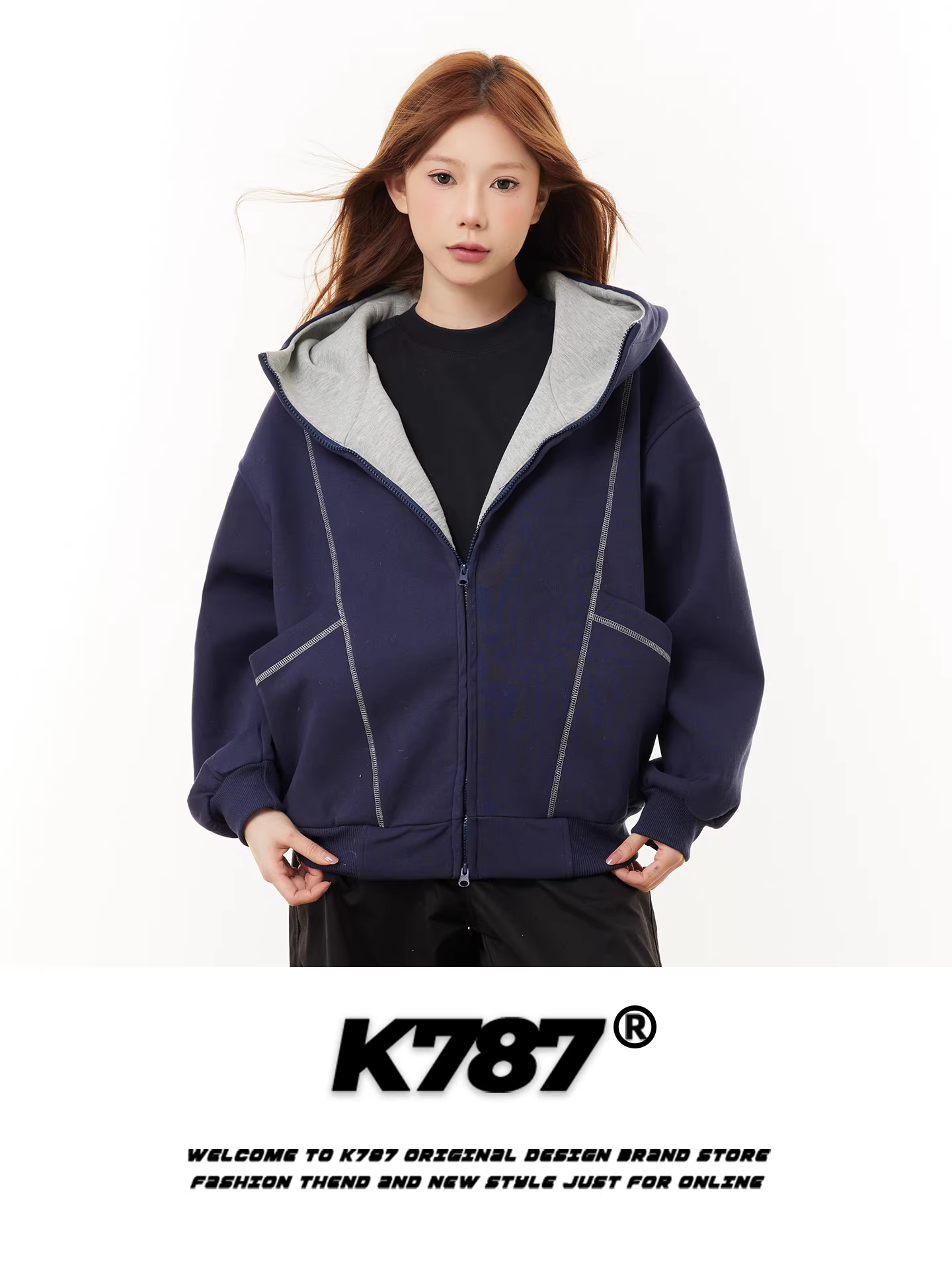 Áo hoodie thêu chữ phong cách đường phố Mỹ K787 dành cho nam và nữ, dáng rộng, đường may lộ, áo khoác cặp đôi ngoại cỡ, hợp thời trang.