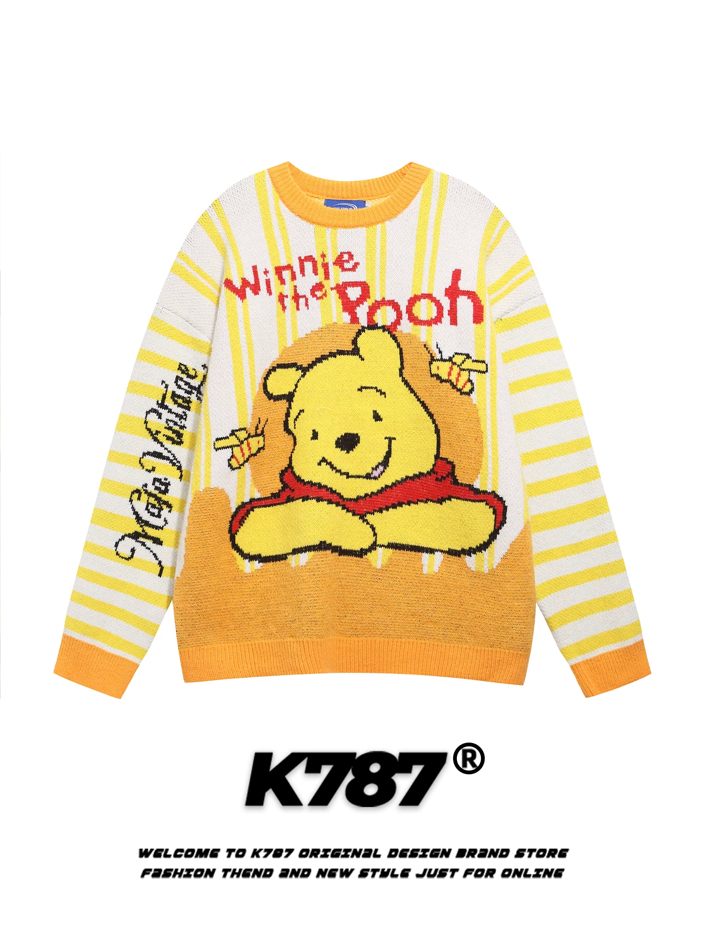 Áo len cổ tròn phối màu hoạt hình Winnie the Pooh kiểu Mỹ K787, unisex, dáng rộng, mặc cặp đôi, chất liệu dệt kim