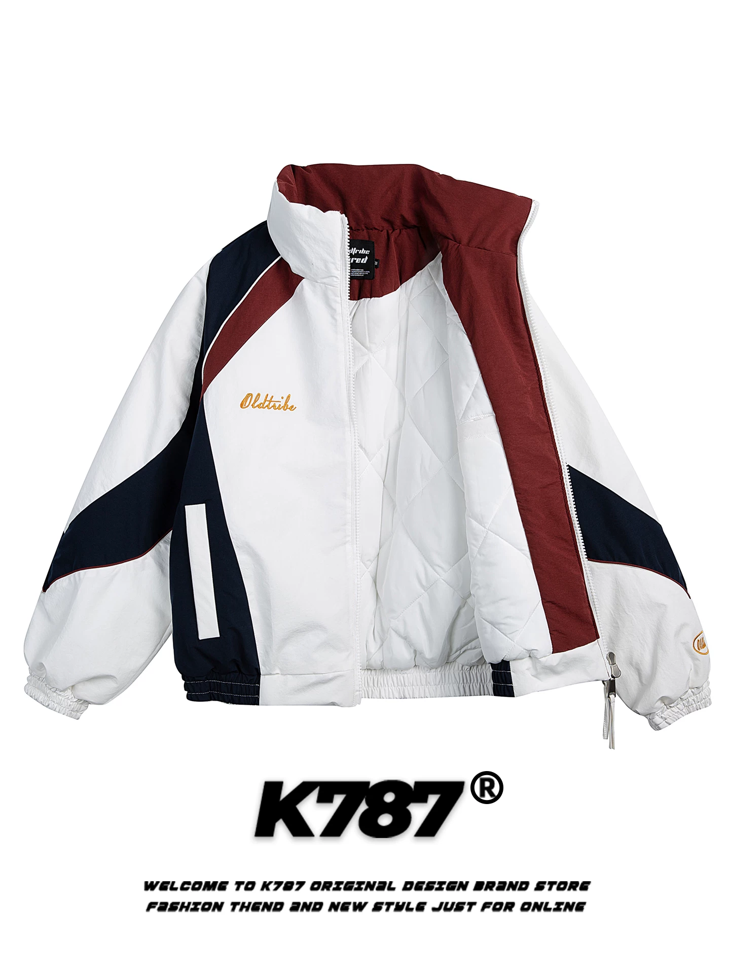 Áo khoác cotton cổ đứng phối màu thêu chữ kiểu Mỹ cổ điển K787, unisex, thời trang, thương hiệu, ấm áp, dành cho cặp đôi, có khóa kéo.