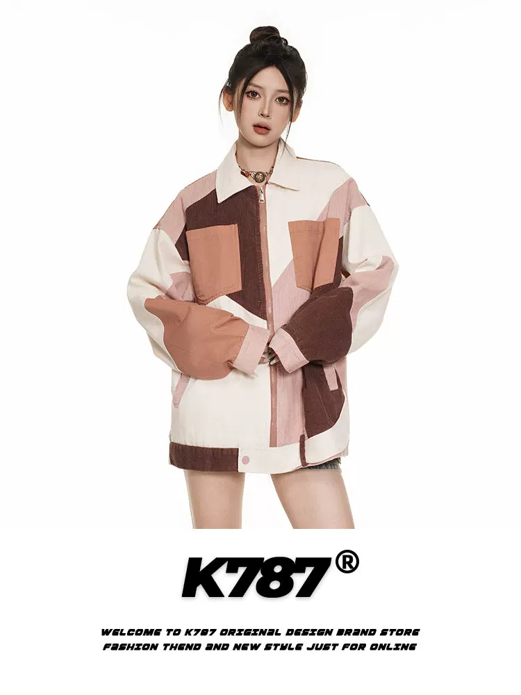 Áo khoác phối màu phong cách retro Mỹ K787 dành cho nam và nữ, thiết kế độc đáo, đa năng, áo đôi mùa xuân 2025