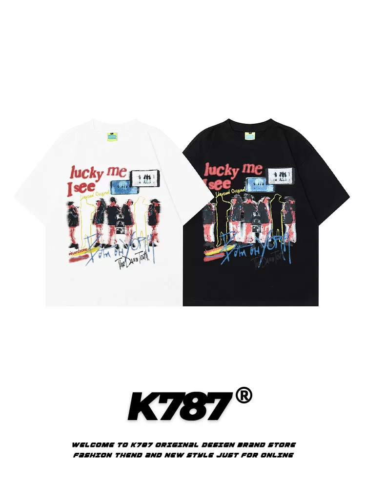 K787 Áo thun ngắn tay in họa tiết hip-hop cổ điển kiểu Mỹ dành cho nam và nữ oversize cặp đôi hạng nặng chất liệu cotton nguyên chất