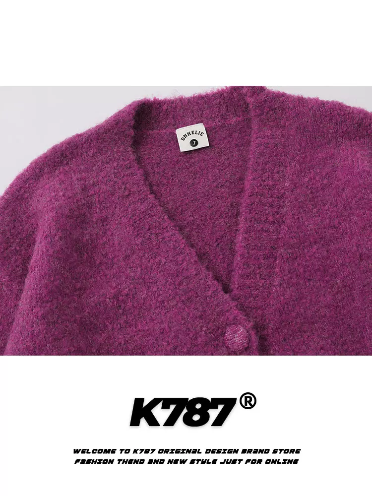 Áo cardigan dệt kim dày cổ chữ V màu tím K787 dành cho nam và nữ, áo len cặp màu trơn phong cách mùa đông thoải mái