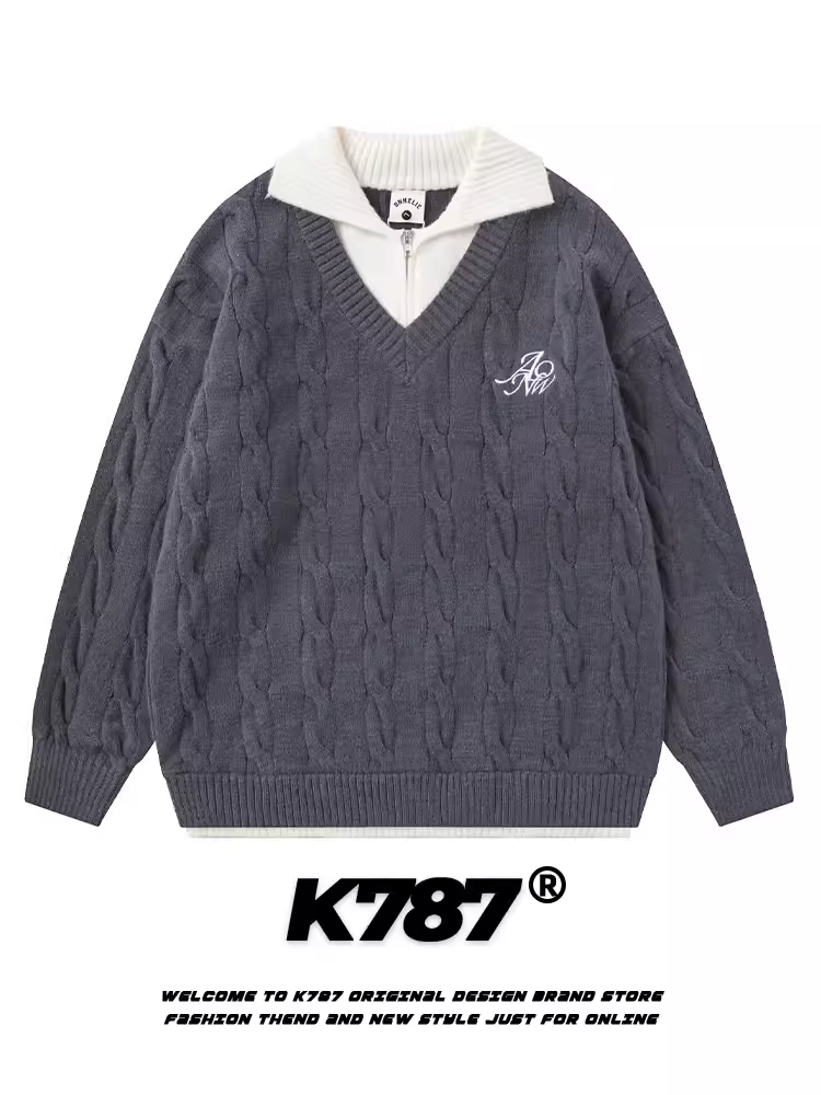 K787 Áo len dệt kim giả hai mảnh phong cách cổ điển Mỹ dành cho nam và nữ, kiểu dáng rộng rãi, đa năng, phong cách vintage, áo len cặp đôi.