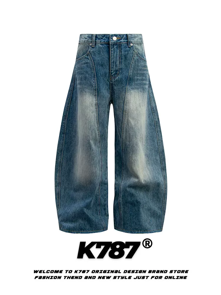 Quần jeans dáng scimitar unisex K787 phong cách retro Mỹ, xu hướng hip-hop, rộng thùng thình, cạp cao, dáng thẳng, phong cách đường phố, chất liệu denim.