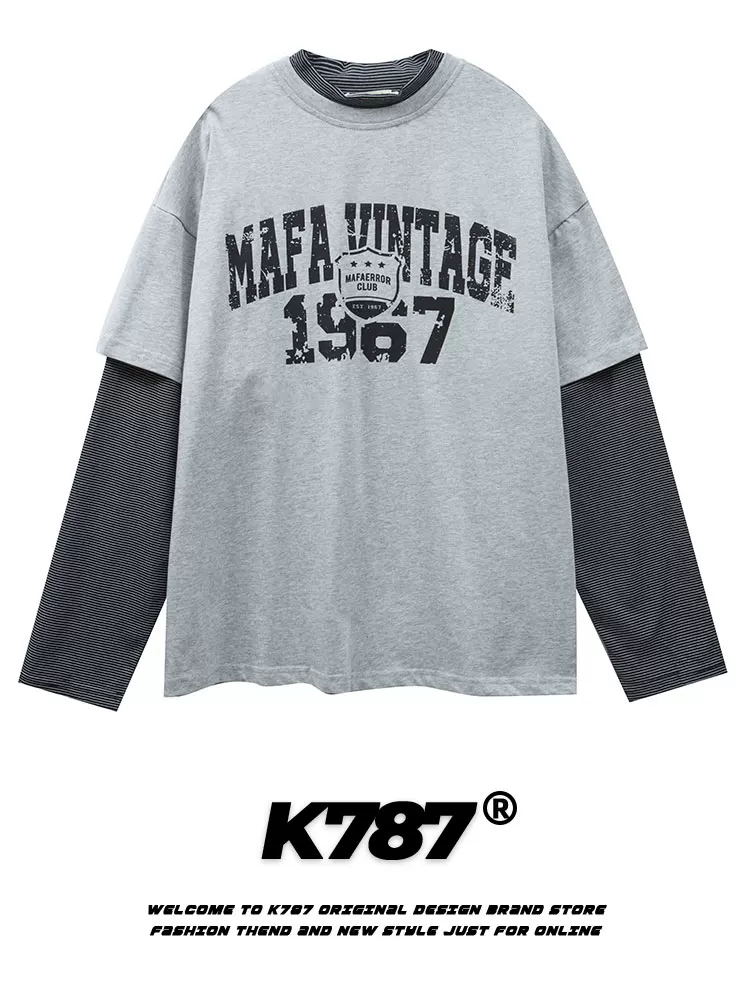 K787 Áo thun dài tay giả hai mảnh cổ điển kiểu Mỹ đã qua giặt cổ điển unisex áo nỉ ngoại cỡ ins áo đôi