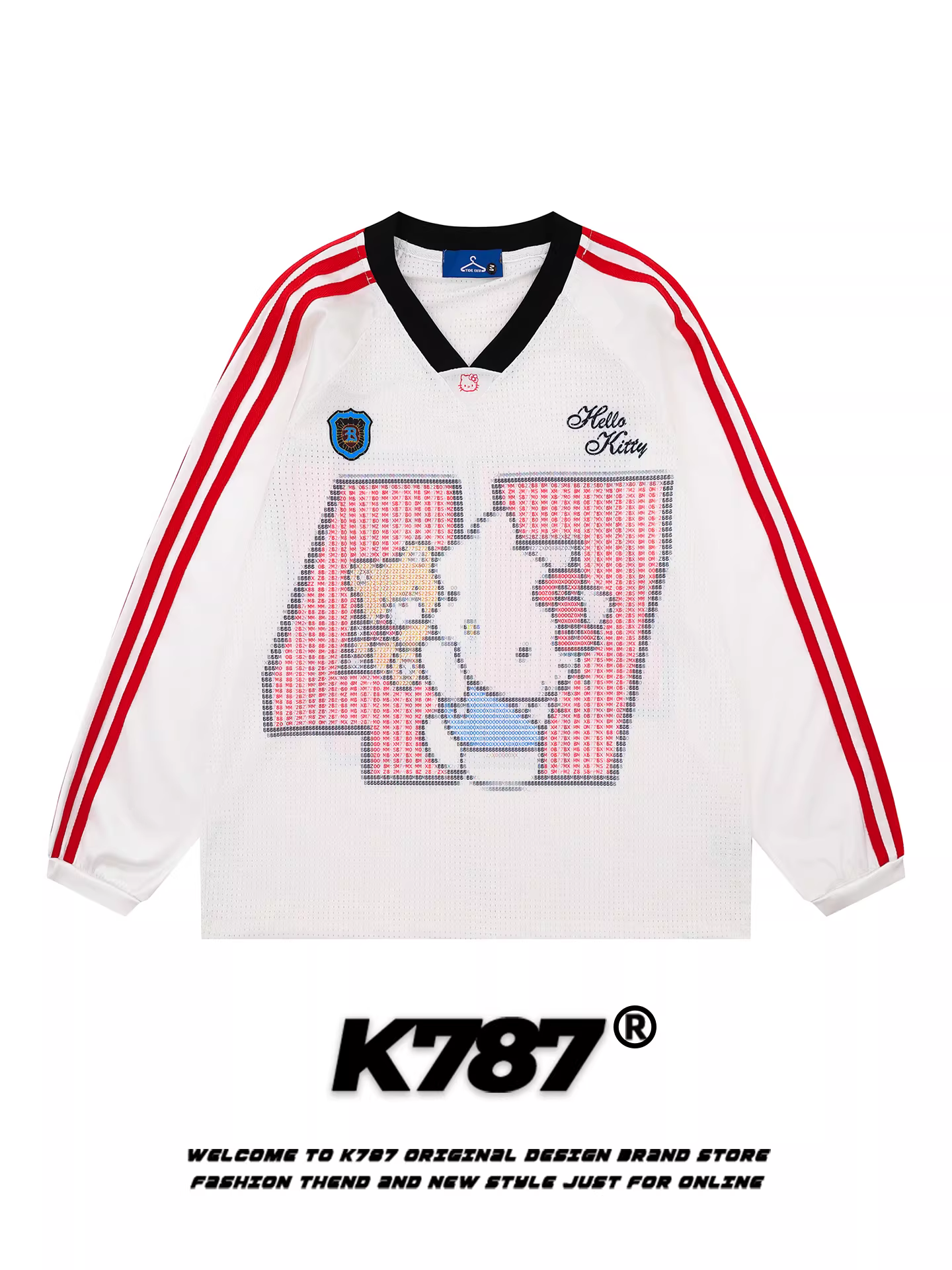 Áo thun dài tay K787 phong cách hoạt hình retro Mỹ hình mèo Kitty dành cho nam và nữ, kiểu dáng thể thao rộng rãi phối màu, chất liệu thoáng khí