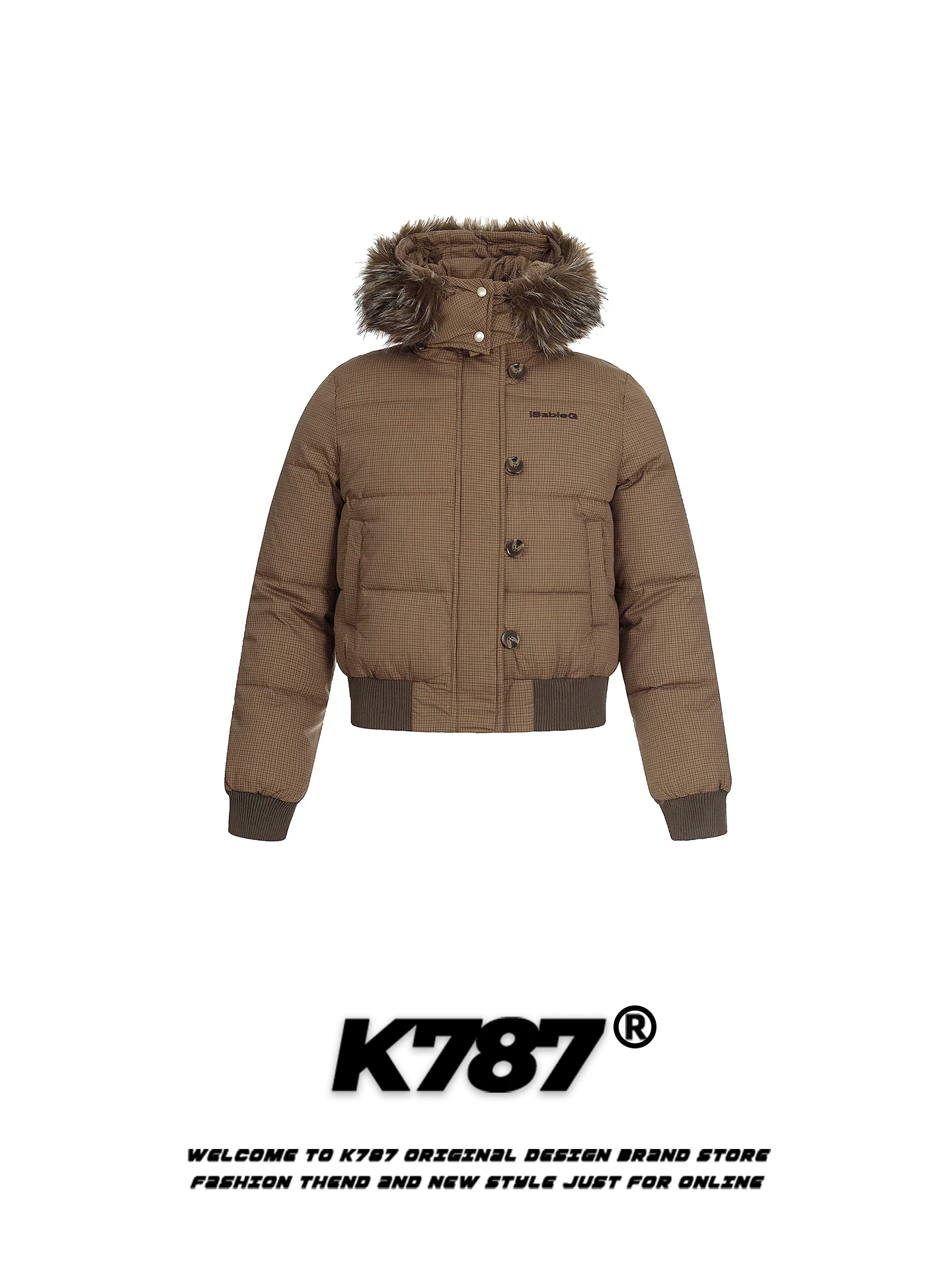 Áo khoác cotton có mũ trùm đầu cổ lông kẻ sọc cổ điển kiểu Mỹ K787 dành cho nữ, phong cách lười biếng, dày dặn và ấm áp, áo khoác cotton mùa đông ngắn.