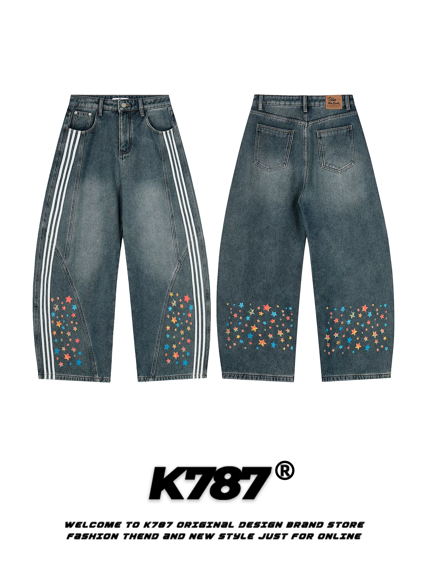 Quần jeans K787 kiểu Mỹ cổ điển, ba sọc, unisex, dáng rộng, thiết kế phá cách, thời thượng, cạp cao, ống rộng, kiểu quần scimitar