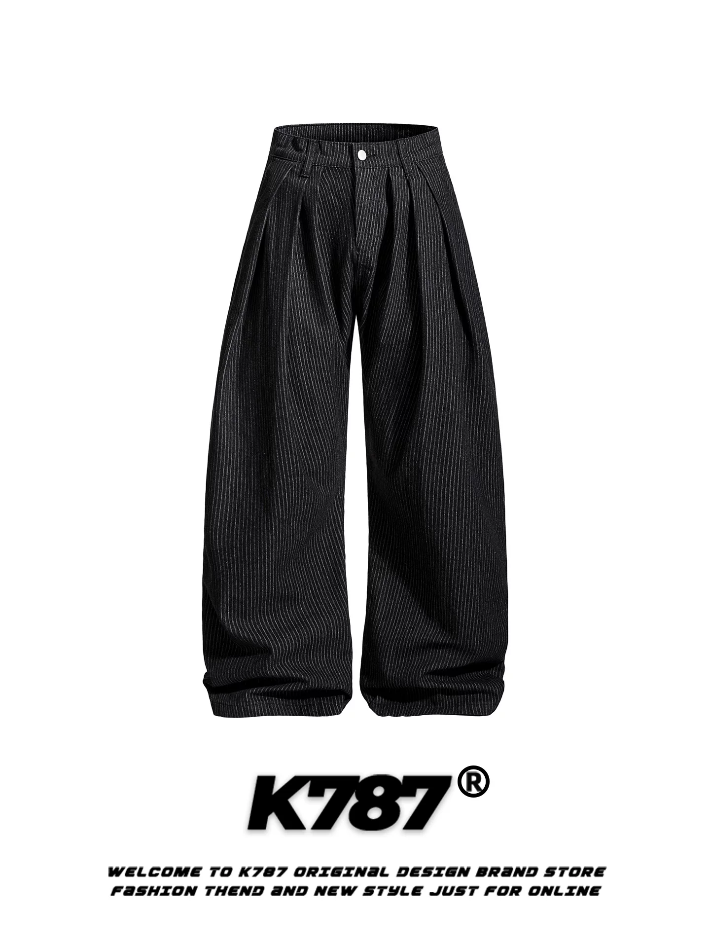 Quần ống rộng xếp ly phong cách đường phố đa năng, cạp cao, kiểu dáng unisex, họa tiết sọc retro Mỹ K787