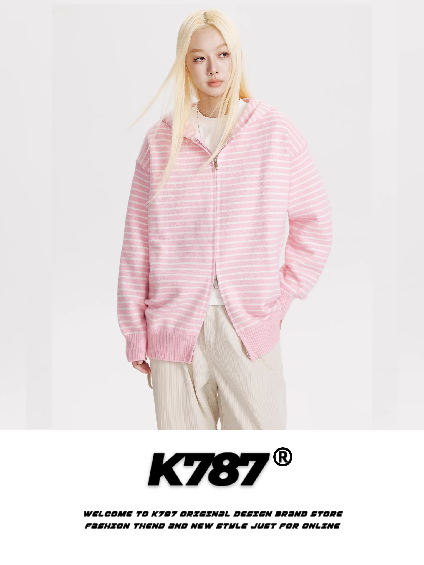 Áo khoác cardigan len dệt kim màu hồng, kiểu dáng rộng rãi, phong cách lười biếng, unisex, có mũ trùm đầu, phối màu sọc, kiểu Mỹ, mã K787